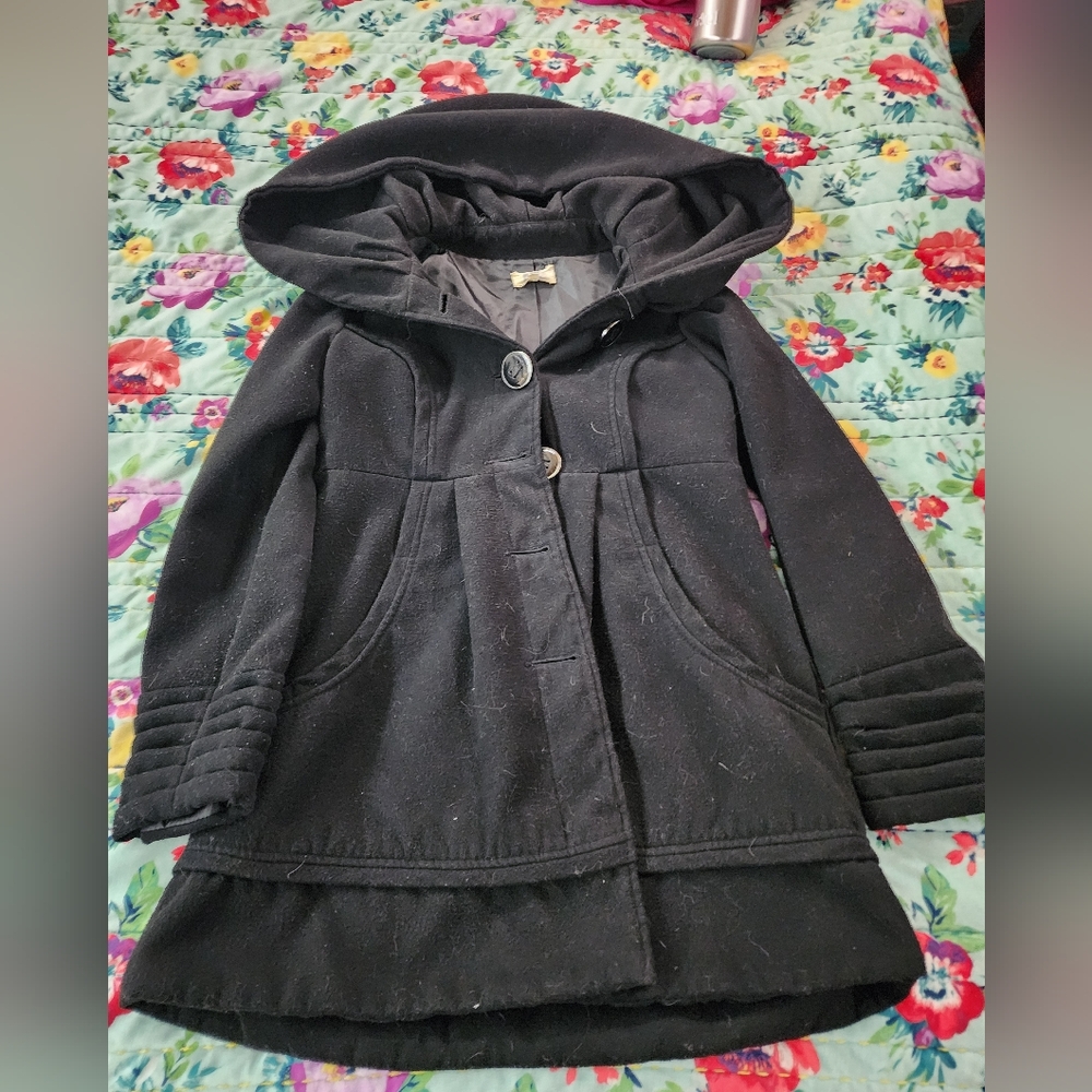 Jolt Black Hooded Pea Coat with Button Front